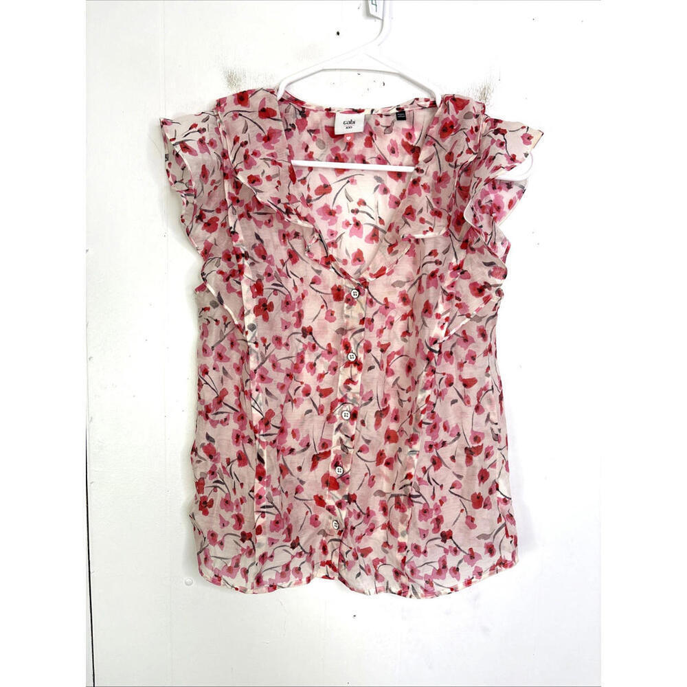 Cabi Top Womens XXS Floral Valentines Button Up Ruffle Sleeves Sheer Love